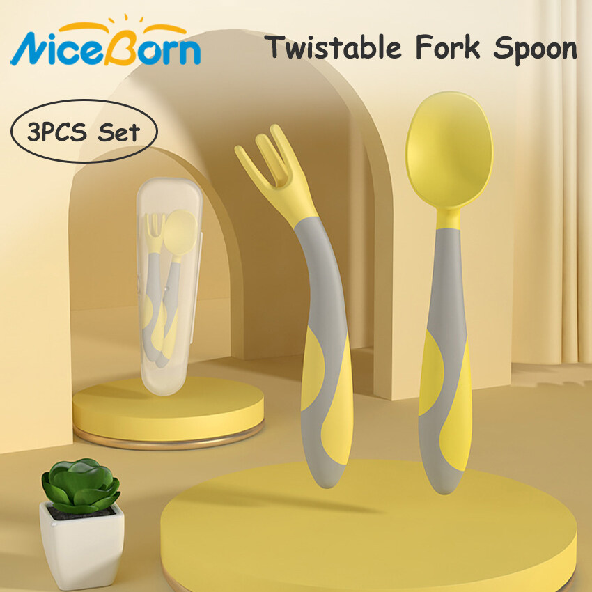 NiceBorn Bowl Spoon Fork Sets Baby Training Spoons Twistable Fork Spoon Sets Feeding Straw Bowls Children Training Tableware Sets Twister 360° Flexible Soft Spoons Elbow Spoons with Storage Box