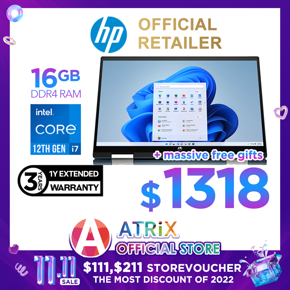 【12th Gen|MS Office|Ext. WTY】HP Pavilion x360 2-in-1 Laptop | 14-ek0063TU | 14" diagonal, FHD (1920 x 1080) IPS 250nits | Intel Core i7-1255U | 16GB RAM | 512GB SSD | WIFI 6 | Win11 Home | 2Yr HP warr