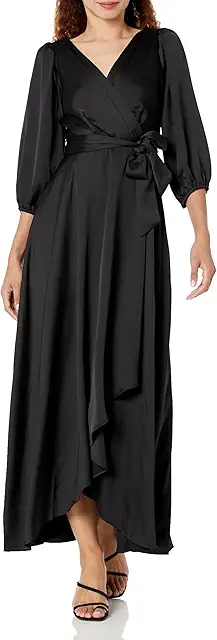 DKNY Womens Balloon Sleeve Satin Faux Wrap Maxi Dress