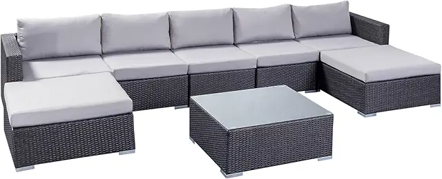 Tom Rosa Outdoor 5 Seater Wicker Sectional Sofa Set, Grey with Silver Cushions