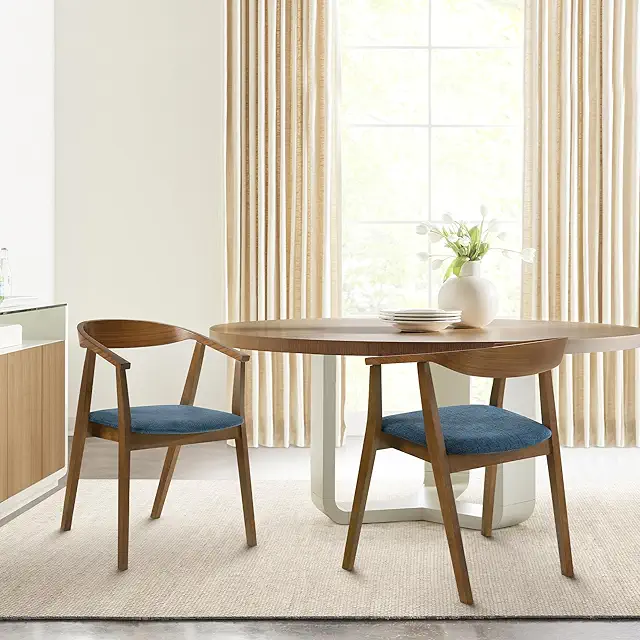 Santana Wood Dining Chair in Walnut Finish with Blue Fabric - Set of 6